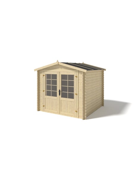 Gartenhaus aus hellem Holz mit Satteldach und einer Doppeltür mit Lichtausschnitten in Blockbohlenbauweise.