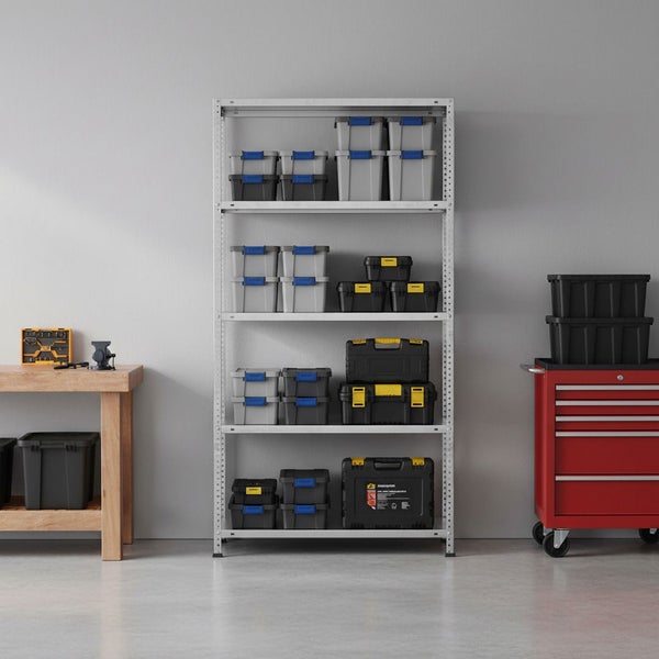 Organisierte Werkstatt mit einem Metallregal voller Aufbewahrungsboxen, einer Werkbank aus Holz und einem Werkzeugwagen auf Rollen.