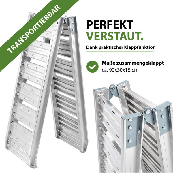 Klappbare Auffahrrampe aus Aluminium mit einer Größe von circa 90 mal 30 mal 15 Zentimeter im zusammengeklappten Zustand.