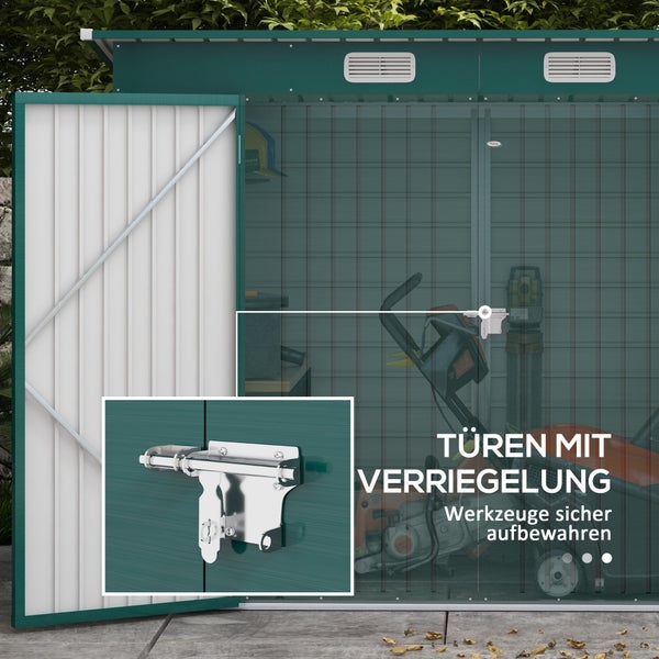 Outsunny Gerätehaus 4,1m³, Metall Gartenhaus mit Pultdach, 249 x 121 x 166/183 cm, Einfach Montage Geräteschuppen mit Abschließbar Doppeltüren, Fenster, Fahrradgarage, Gartenschrank für Garten, Grün