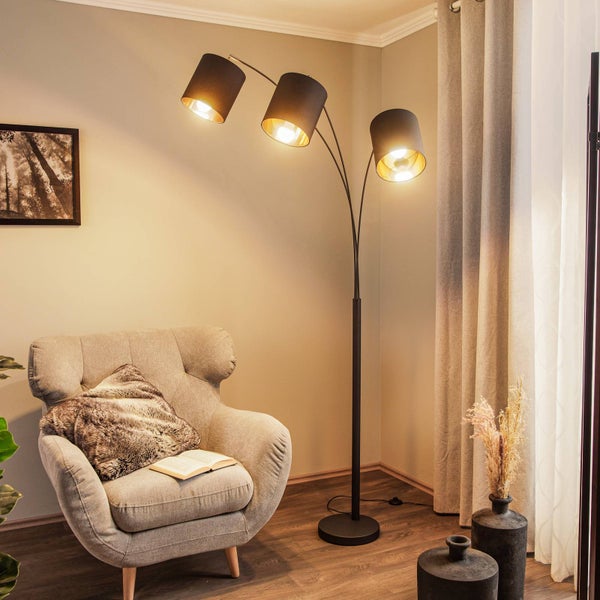 Lindby Stehlampe (Bogenleuchte) Nanika (Modern) in Schwarz aus Metall (3 flammig, E27) - Textil Stehleuchte Floor Lamp Standleuchte Wohnzimmerlampe Wohnzimmerleuchte