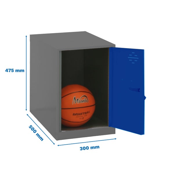 Stahlschrank mit offener blauer Tür und Ball, Maße: 475 x 500 x 300 mm