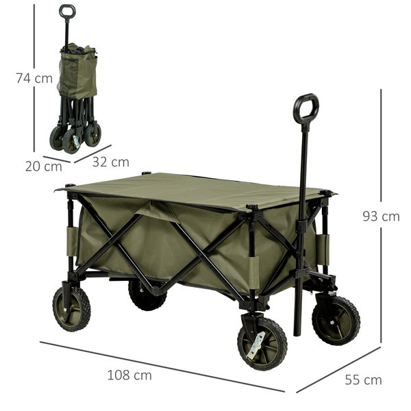 Outsunny Bollerwagen Faltbar, Handwagen mit Räder, Bremsen, Tragetasche, 125L Transportwagen bis 120kg belastbar, XXL Gerätewagen, Gartenwagen Gartenkarre für Strand Camping Einkaufen, Grün