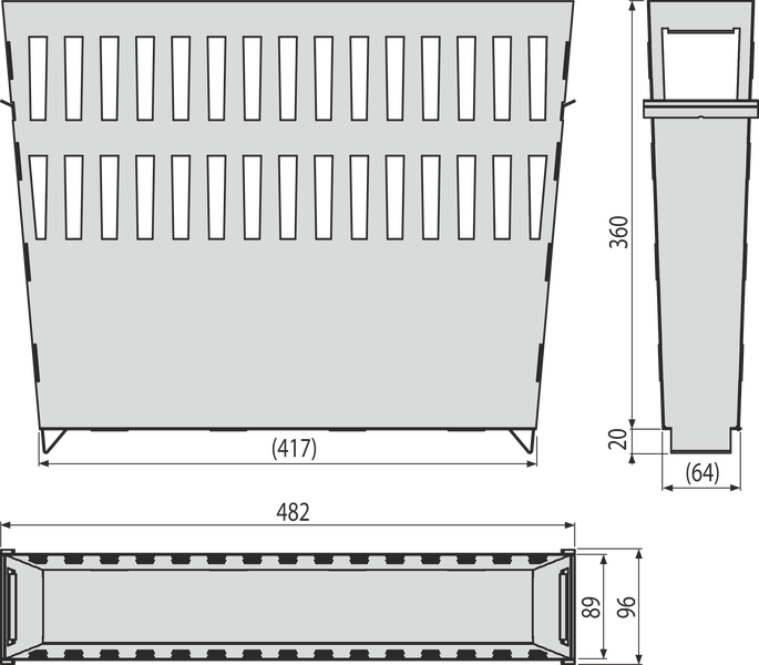 Technische Zeichnung eines Behälters mit Belüftungsschlitzen mit Frontansicht, Seitenansicht und Draufsicht sowie Maßangaben in Millimetern.