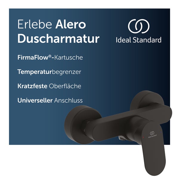 Ideal Standard Alero Duscharmatur mit Hebel und Wandanschlüssen, inklusive Produktmerkmale auf Werbegrafik.
