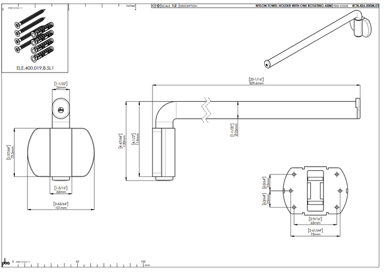 Technische Zeichnung eines Handtuchhalters aus Nylon mit einem schwenkbaren Arm, inklusive Maßangaben in Millimeter und Befestigungsmaterial.