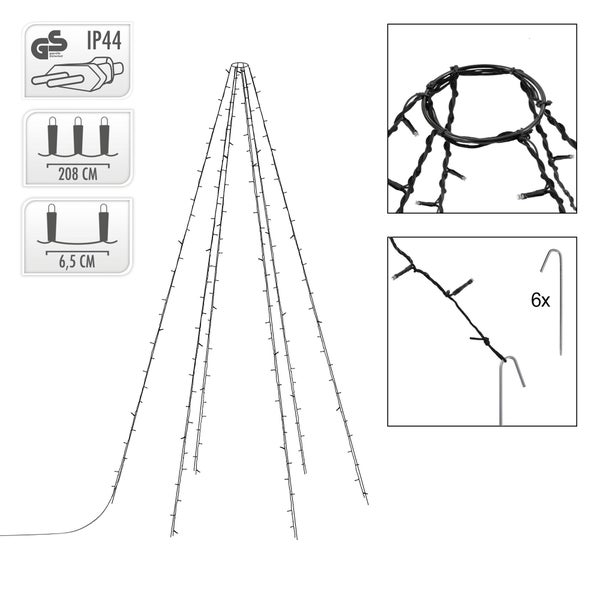 ECD Germany Fahnenmast Lichterkette, 6 Stränge à 2,08 Meter mit 192 LED in Warmweiß für Bäume, inkl. 6 Heringen und 6 Kabelbindern, Schwarz, IP44, Außen, Fahnenstangen Beleuchtung Außenbeleuchtung
