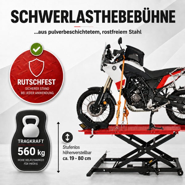 Motorrad-Scherenhebebühne aus pulverbeschichtetem Edelstahl, rutschfest, Tragkraft 560 Kilogramm, höhenverstellbar von circa 19 bis 80 Zentimeter.