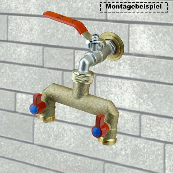 Doppel-Auslaufventil aus Metall mit zwei Ventilen für den Anschluss an eine Wasserleitung als Montagebeispiel.