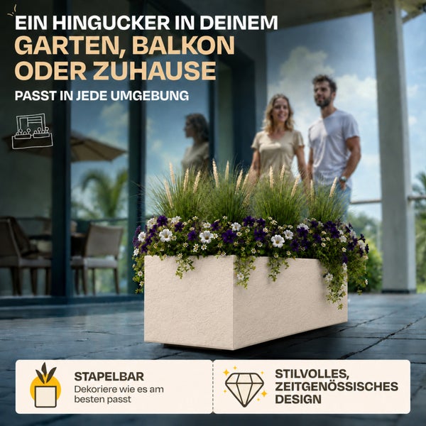 Stapelbarer rechteckiger Pflanzkasten mit modernem Design, bepflanzt mit Gräsern und Blumen, auf einer Terrasse mit Personen im Hintergrund.