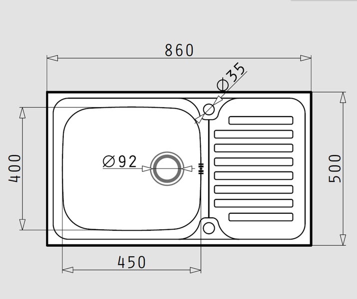 Technische Zeichnung einer Spüle mit den Maßen 860 x 500 x 400 mm und einem Abflussdurchmesser von 92 mm.