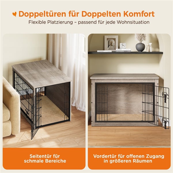 Hundebox mit Doppeltüren und Seitentür für schmale Bereiche, Fronttür für offene Bereiche.