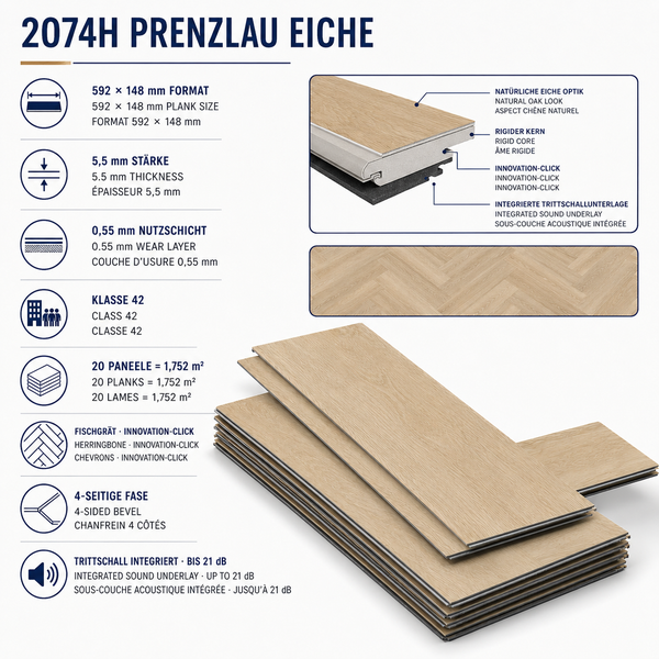 Produktdatenblatt Vinylboden Prenzlau Eiche mit technischen Details und Fischgrät Verlegemuster zur Veranschaulichung der Produkteigenschaften.