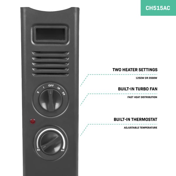 Nahaufnahme eines Heizgeräts mit zwei Heizstufen, eingebautem Turbogebläse und eingebautem Thermostat