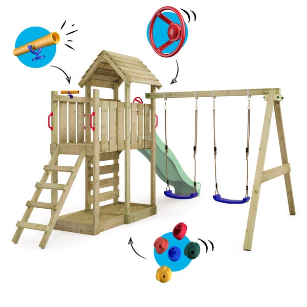WICKEY Spielturm Klettergerüst MultiFlyer Holzdach mit Schaukel und Rutsche, Kletterturm mit Holzdach, Sandkasten, Leiter und Spiel-Zubehör – pastellgrün