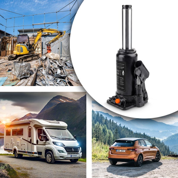 Hydraulischer Stempelwagenheber mit 2 Tonnen Tragkraft für PKW, Wohnmobile und Baustelleneinsätze.