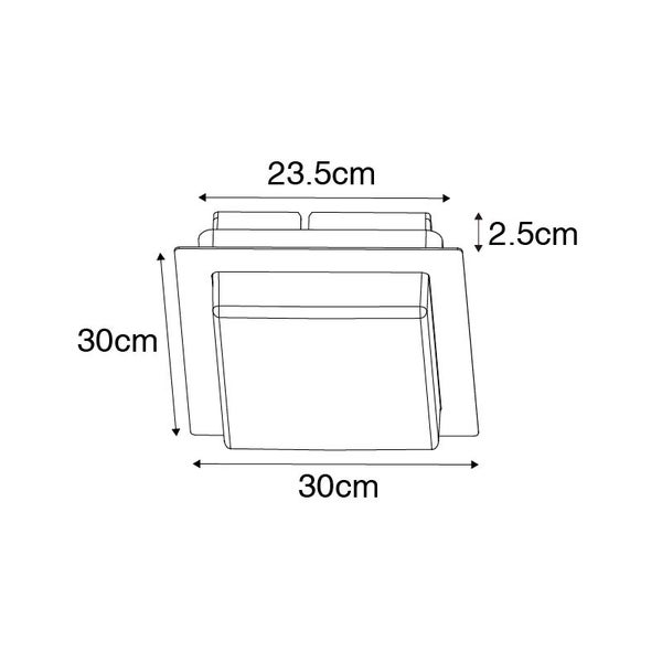 Maßzeichnung einer quadratischen Leuchte: 30 mal 30 Zentimeter Front, 23,5 Zentimeter Gehäusebreite und 2,5 Zentimeter Tiefe.