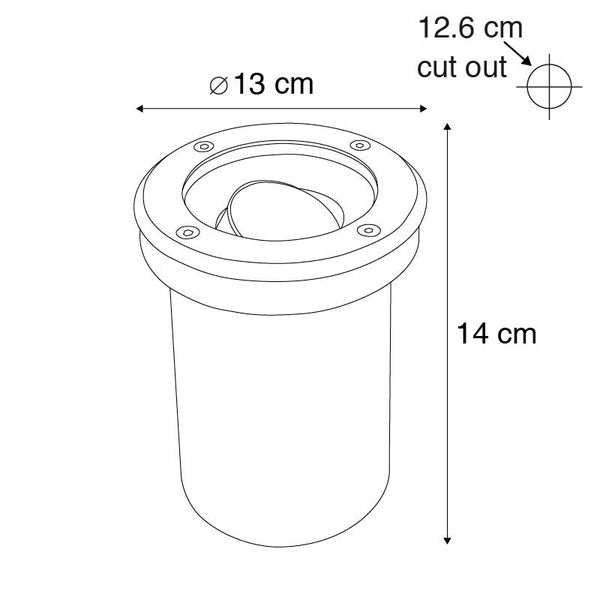 Technische Zeichnung eines Bodeneinbaustrahlers mit 13 Zentimeter Durchmesser, 14 Zentimeter Höhe und 12,6 Zentimeter Lochausschnitt.
