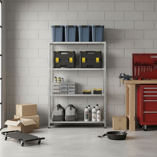 Heller, organisierter Werkstattraum mit verzinktem Metallregal, Aufbewahrungsboxen und Werkzeugkoffern vor einer grauen Betonsteinwand.