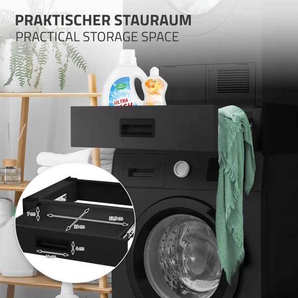 ML-Design Verbindungsrahmen für Waschmaschine und Trockner mit ausziehbarer Schublade, Stahl, 60,5x54cm, Schwarz, rutschfest, Zwischenbausatz Universal Zwischenrahmen Zwischenbaurahmen Trocknersäule