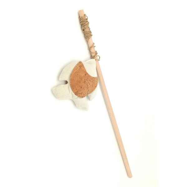Katzenspielstab aus Holz mit Anhänger aus Stoff und Kork