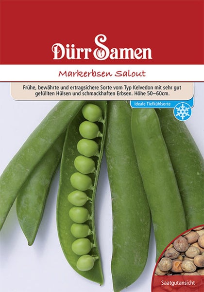 Samenpackung Markerbsen Salout von Dürr Samen mit Erbsenschoten, Saatgutansicht und Symbol für Eignung zum Tiefkühlen.