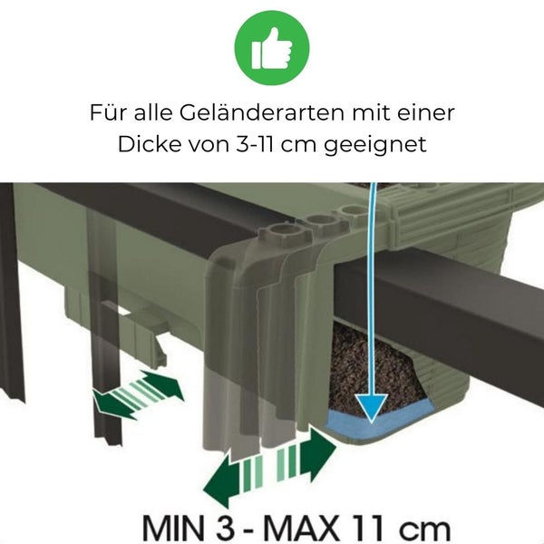 Geländerkasten 60 Rattan Geflecht Optik Balkonkasten für Geländer Blumenkasten inkl. Halterung weiß