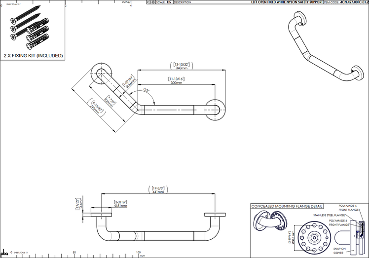 Technische Zeichnung eines weißen Haltegriffs aus Polyamid mit Abmessungen, 135 Grad Winkel, inklusive Befestigungsset und Montageflansch.