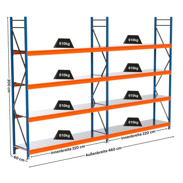 Lagerregal mit vier Ebenen zur Lagerung von Gütern bis 610 kg pro Ebene