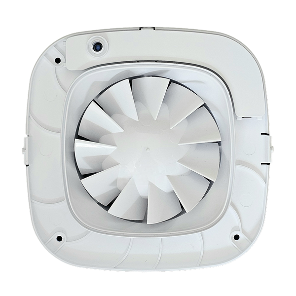 Weißer Kleinraumventilator ohne Abdeckung mit sichtbarem Lüfterrad und Sensor an der Vorderseite.