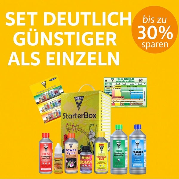 Hesi StarterBox Boden-Set mit verschiedenen Flüssigdüngern, Zuchtplan und Katalog, Ersparnis bis zu 30 Prozent gegenüber Einzelkauf.