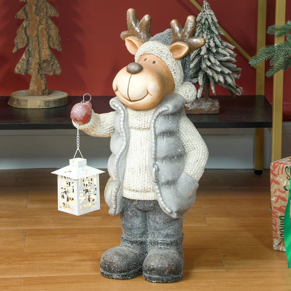HOMCOM Weihnachtsdeko Figur, Rentier mit Laterne, 52 cm Weihnachtsfigur mit LED-Licht, Dekofigur zu Weihnachten, für In- und Outdoor, Metall