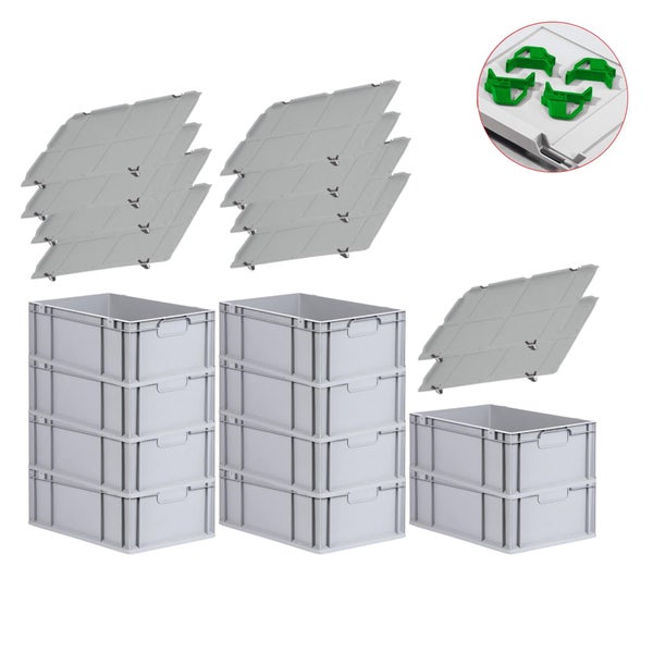 PROREGAL Spar Set 10x Eurobox Nextgen Economy Mit Auflagedeckel & 4x Schiebeschnappverschlüsse Grün Griffe Geschlossen HxBxT 22 x 40 x 60 cm 44 Liter