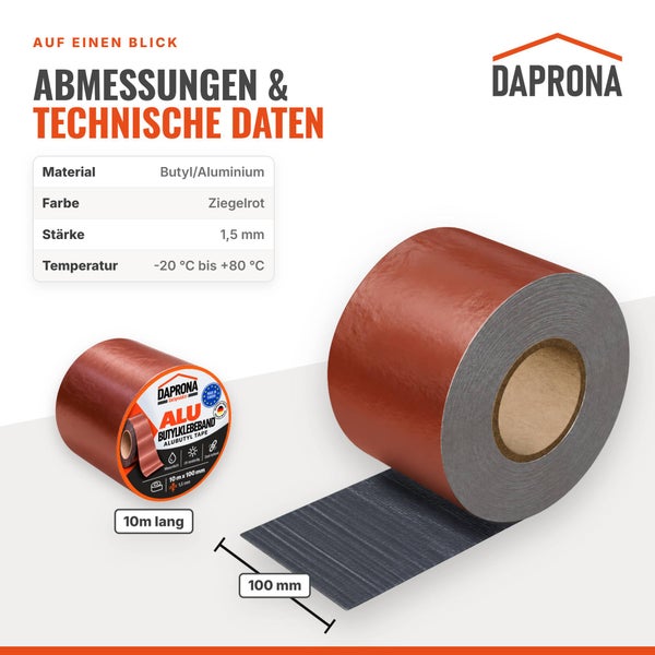 Daprona Aluminium Butylklebeband in Ziegelrot mit 1,5 Millimeter Stärke und 10 Meter Länge zur Dachabdichtung inklusive technischer Daten.