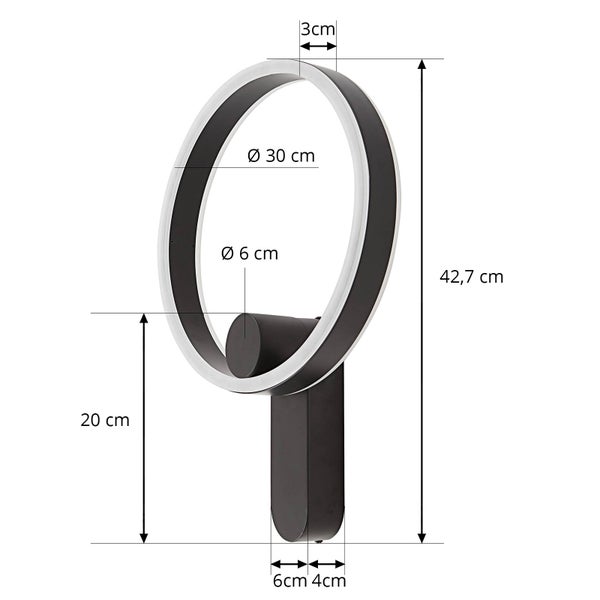 Ringförmige Wandleuchte mit Abmessungen: Höhe 42,7 Zentimeter, Durchmesser 30 Zentimeter, Tiefe 3 Zentimeter, Sockelhöhe 20 Zentimeter.