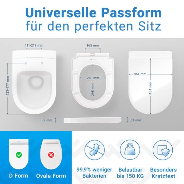 Maßzeichnung für Toilettensitz mit Passform für D-Form Toiletten, Angaben zu Maßen, Belastbarkeit bis 150 Kilogramm, Hygiene und Kratzfestigkeit.