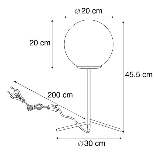 Maße der Tischleuchte mit Kugelschirm: 20 cm Durchmesser Kugelschirm, 45,5 cm Gesamthöhe, 30 cm Durchmesser Standfuß, 200 cm Kabellänge