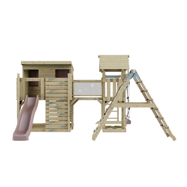 Spielanlage aus Holz mit Rutsche, Kletterwand, Schaukel und Tafel