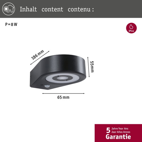 Außenwandleuchte mit Bewegungsmelder, 8 Watt, Abmessungen 186 Millimeter x 55 Millimeter x 65 Millimeter, Schutzart IP44, 5 Jahre Garantie.
