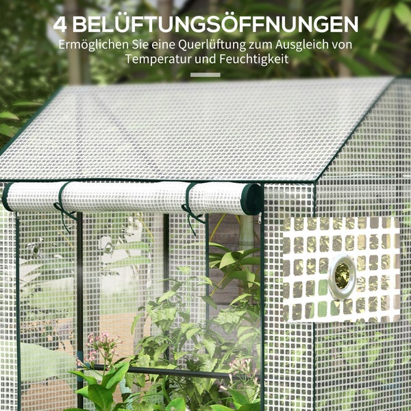 Gewächshaus mit vier Belüftungsöffnungen zur Regulierung von Temperatur und Feuchtigkeit