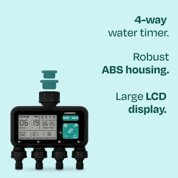 Vonroc 4-Wege Bewässerungscomputer mit robustem ABS-Gehäuse, großem LCD-Display und vier Anschlüssen inklusive Adaptern.