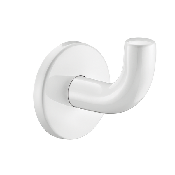 Wandhaken in Weiß mit runder Rosette und glänzender Oberfläche.