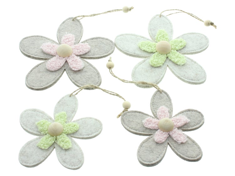 FRANK FLECHTWAREN|Hänger Blumenquartett, 4er Set, 11 x 2 x 11 cm, 16 x 2 x 16 cm, POLYESTER, HOLZ, JUTE