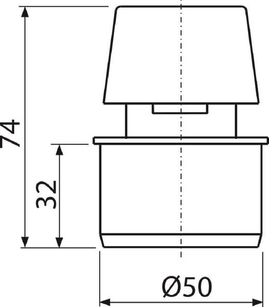Technische Zeichnung eines zylindrischen Bauteils mit einem Durchmesser von 50 Millimeter und einer Gesamthöhe von 74 Millimeter.