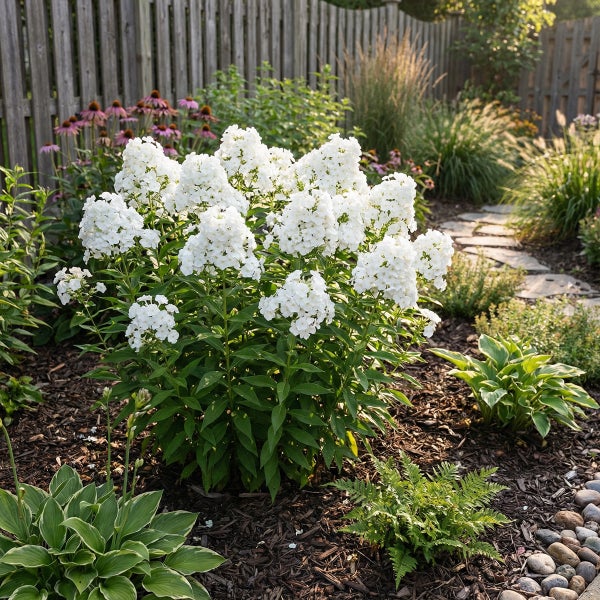 Weißer Phlox in einem organisierten Gartenbeet mit Rindenmulch, Funkien und Sonnenhut vor einem Holzzaun.