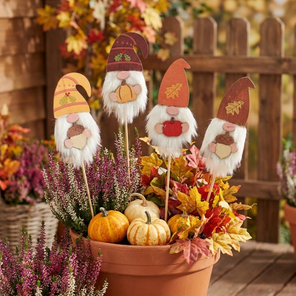 Vier Herbst-Wichtel-Stecker aus Holz mit Kunstfell-Bart in einem Blumentopf mit Heidekraut, Kürbissen und Herbstblättern als herbstliche Dekoration.