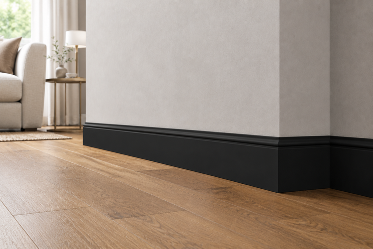 Moderne profilierte Fußleiste in einem Wohnraum mit Holzboden und einer hellen Wand