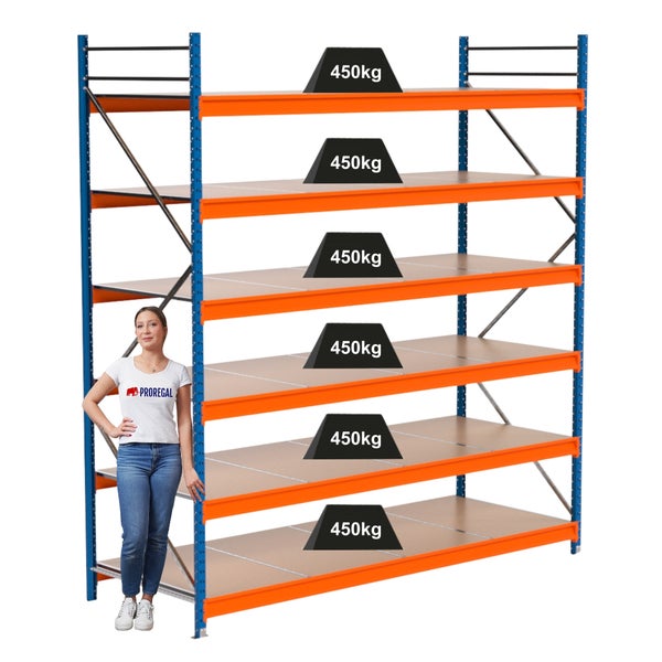 Steckregal mit sechs Böden und einer maximalen Traglast von 450 Kilogramm pro Boden.