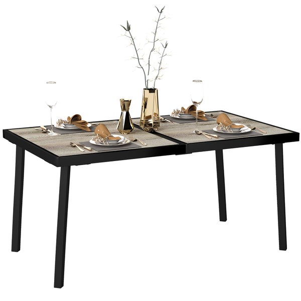 Outsunny Gartentisch, Balkontisch, 145 x 85 cm Terrassentisch für 6 Personen mit Holzoptik, Esstisch für Garten, Stahlgestell, Grau