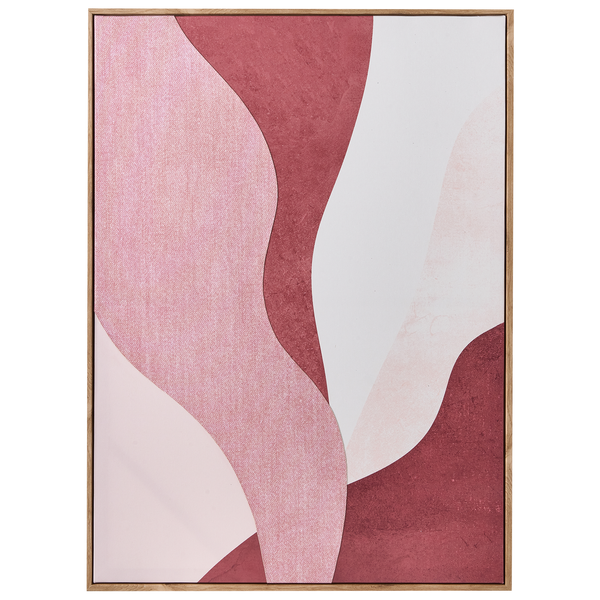Abstraktes Leinwandbild mit organischen Formen in Rosa, Burgunderrot und Weiß, eingefasst in einen schmalen Holzrahmen.